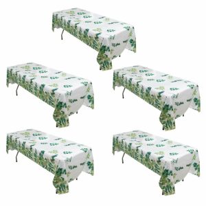 Disposable Table Cover |   5 Pack White Green Rectangle Plastic Table Covers with Eucalyptus Leaves Print, 54″x108″ PVC Waterproof Disposable Tablecloths Disposable Table Cover Disposable Table Cover