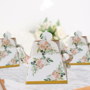 Favor Bags & Boxes |   25 Pack Pink Peony Floral Mini Teapot Party Favor Boxes with Gold Edge, Tea Time Gift Boxes – 5″x4″ Favor Bags & Boxes Favor Bags & Boxes