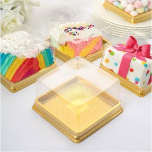 Favor Bags & Boxes |   50 Pack Clear Gold Square Mini Plastic Cupcake Party Favor Boxes, Muffin Dessert Containers – 4″x4″x2.5″ Favor Bags & Boxes Favor Bags & Boxes