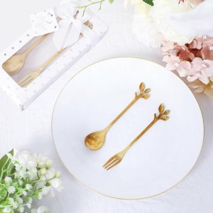 Favors & Gifts |   Gold Metal Spoon & Fork Pre-Packed Wedding Party Favors Set With Leaf Shaped Handle, Bridal Shower Souvenir Gift Box – 5″ Favors & Gifts Favors & Gifts