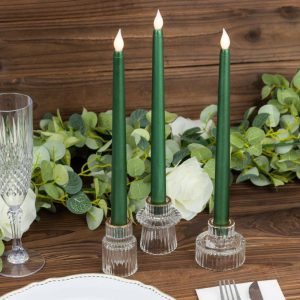 LED & Wax Candles |   3 Pack 11″ Hunter Emerald Green Unscented Flickering Flameless LED Taper Candles LED & Wax Candles Hunter Emerald Green