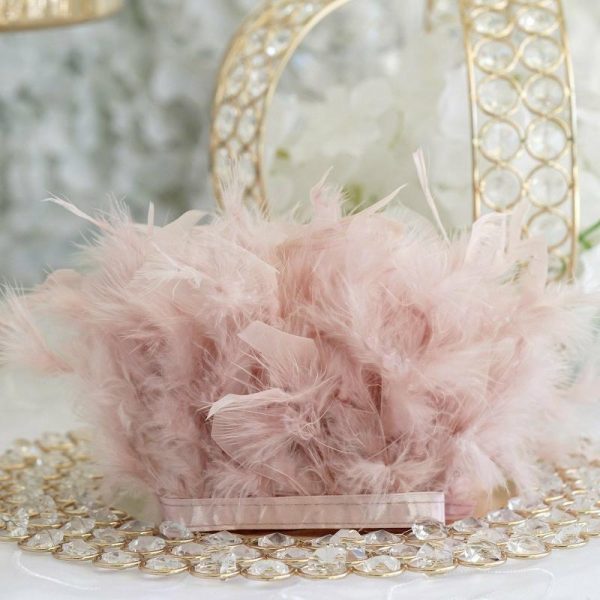 Trims & Diamond Rolls |   39″ Dusty Rose Real Turkey Feather Fringe Trim With Satin Ribbon Tape Fabric Bolt & Trims Dusty Rose