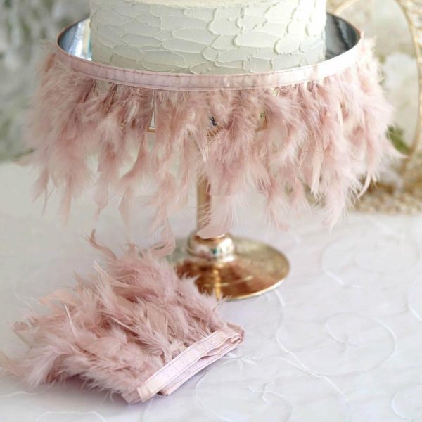 Trims & Diamond Rolls |   39″ Dusty Rose Real Turkey Feather Fringe Trim With Satin Ribbon Tape Fabric Bolt & Trims Dusty Rose