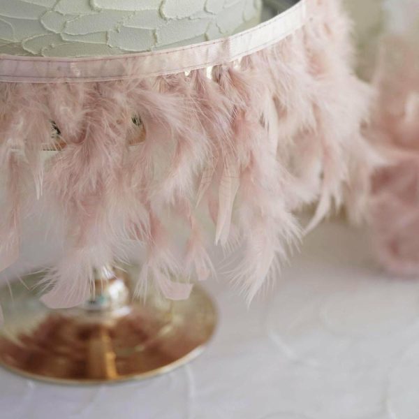 Trims & Diamond Rolls |   39″ Dusty Rose Real Turkey Feather Fringe Trim With Satin Ribbon Tape Fabric Bolt & Trims Dusty Rose