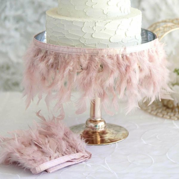 Trims & Diamond Rolls |   39″ Dusty Rose Real Turkey Feather Fringe Trim With Satin Ribbon Tape Fabric Bolt & Trims Dusty Rose