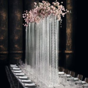 Display Racks & Pillars |   40″x40″ Heavy Duty Acrylic Rectangular Flower Pedestal Stand with Pre-chained Hanging Crystal Beads, Clear Tabletop or Floor Standing Wedding Centerpiece with 10mm Thick Plexiglass Plate Display Racks & Pillars Clear