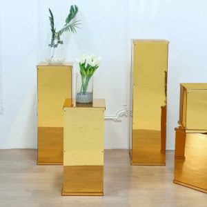 Display Racks & Pillars |   Set of 5 Gold Mirror Finish Acrylic Display Boxes, Pedestal Risers with Interchangeable Lid and Base – 12″,16″,24″,32″,40″ Display Racks & Pillars Display Racks & Pillars